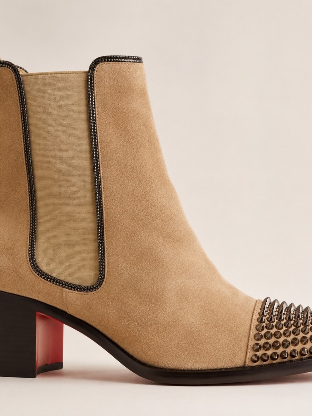 Authentic Christian Louboutin Otaboo 70 Suede Studded Chelsea Ankle Boot - Beige